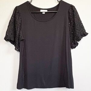 14th & Union Flutter Lace Sleeve Blouse Black Small